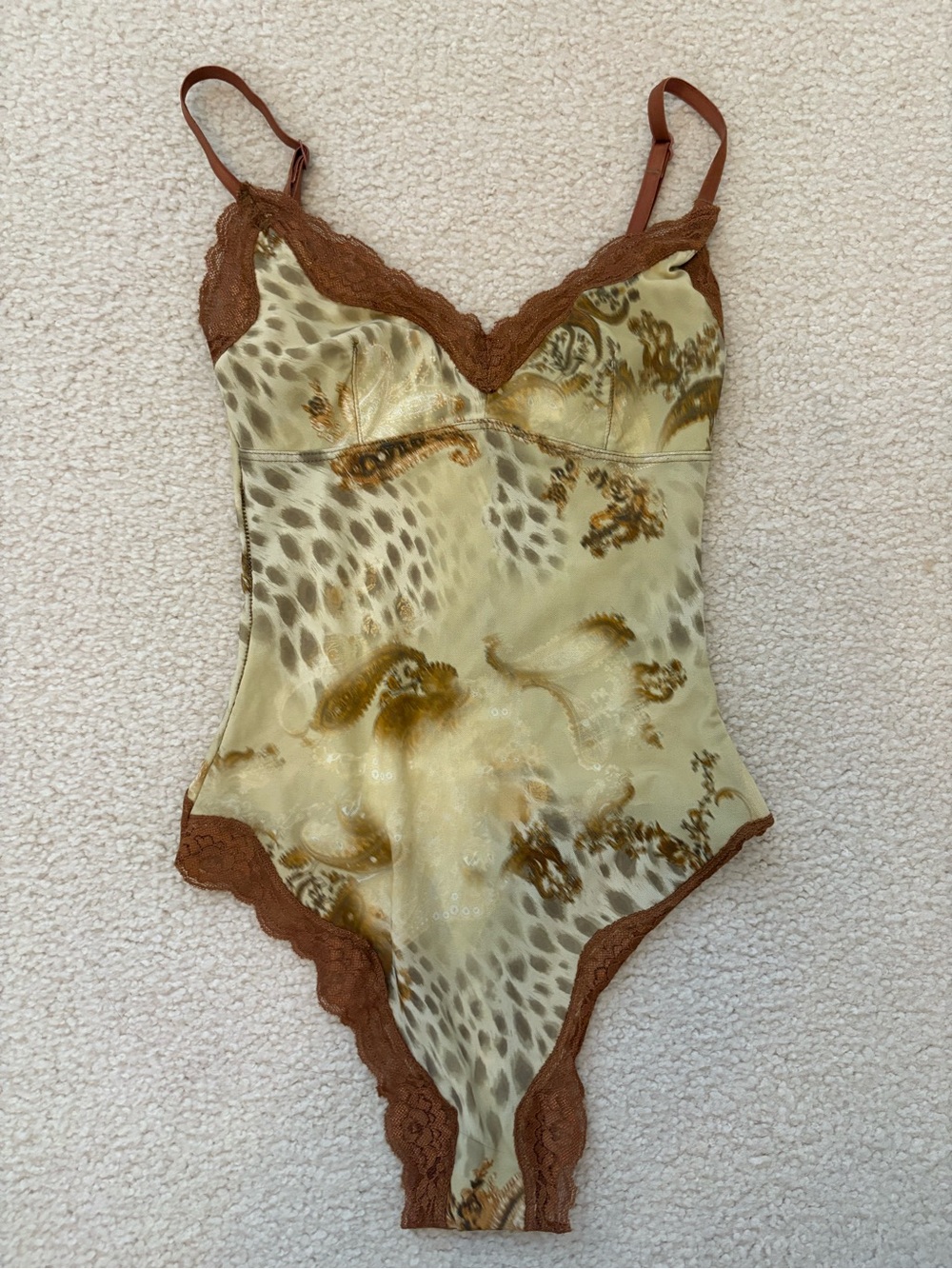 Urban Outfitters Satin Lace Trim Bodysuit - Brown & Cream Animal Print